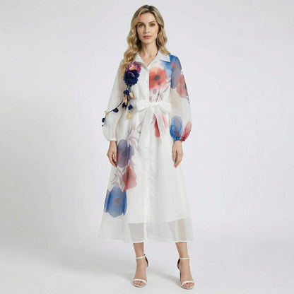 Mariam long sleeve floral organza maxi dress in black and white with 3D flower details and waist tie.