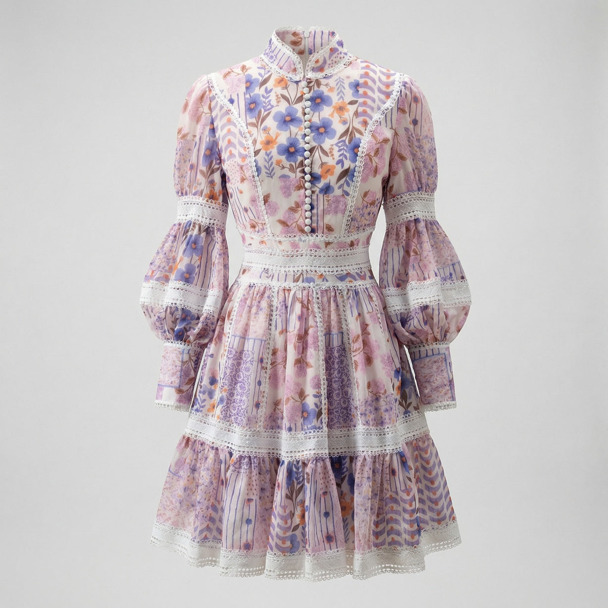Marina Mini Dress in Lavender Bloom floral print with tiered ruffle skirt.