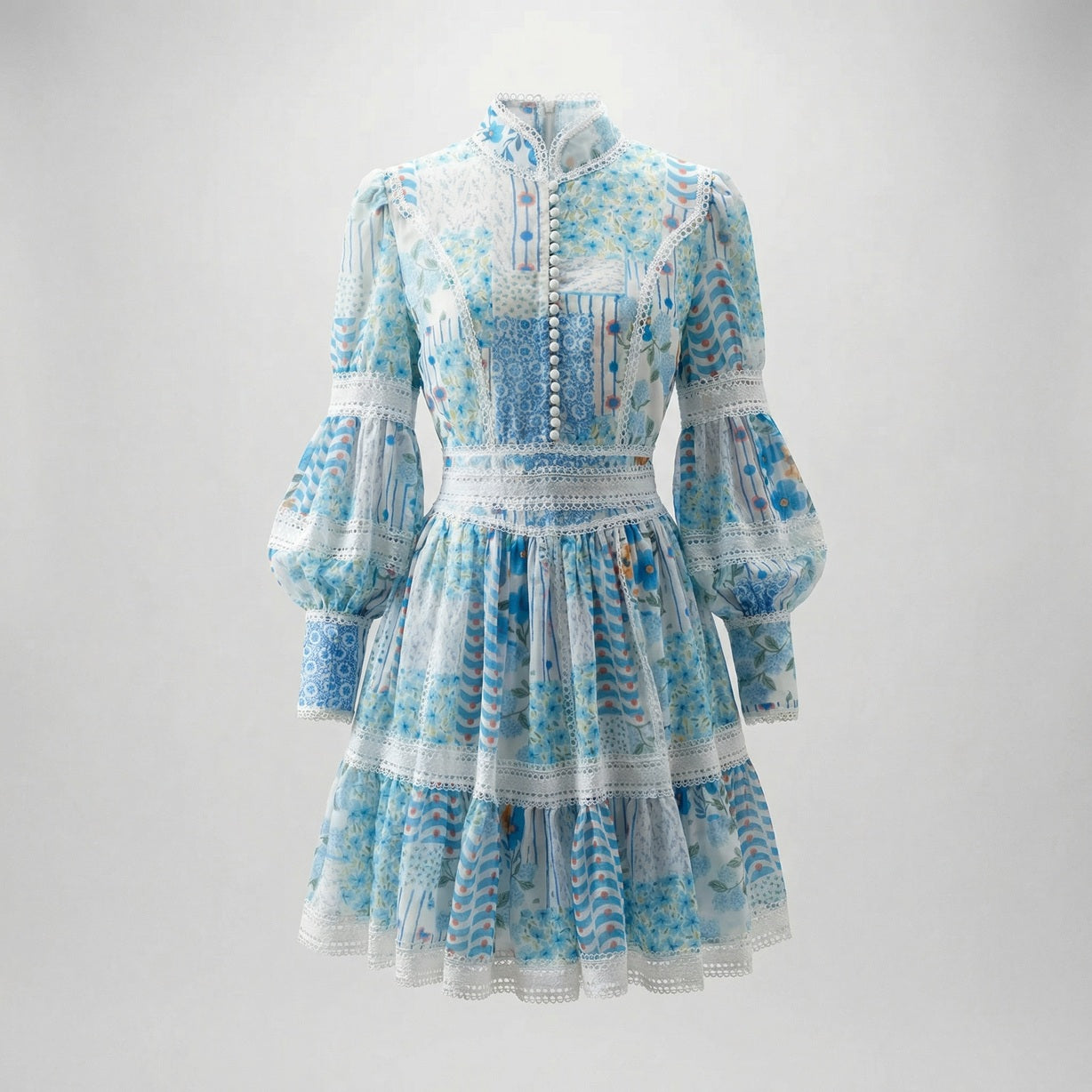 Marina Mini Dress - Floral Lace Lantern Sleeve Boho Mini