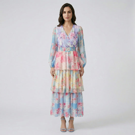 Melinda floral tiered maxi dress in pastel blue and yellow floral prints, 130 cm length with long sleeves.