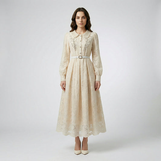 Flat lay of Mirjana cream lace dress with pearl-encrusted collar and 120cm midi-maxi length.