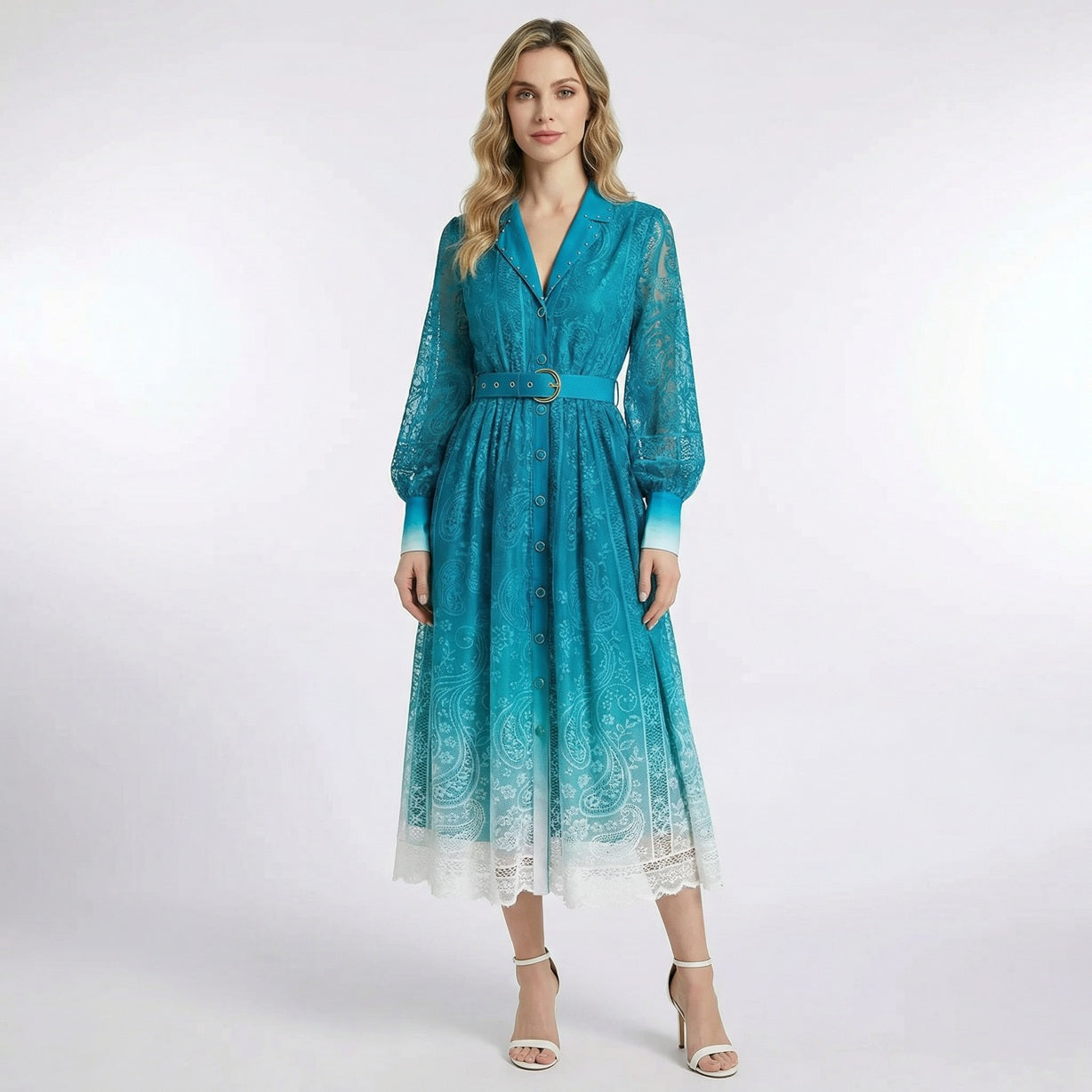 Nadia long-sleeved maxi dress in red, blue, and teal featuring paisley lace patterns, a belted waist, and 130cm floor-length hem.