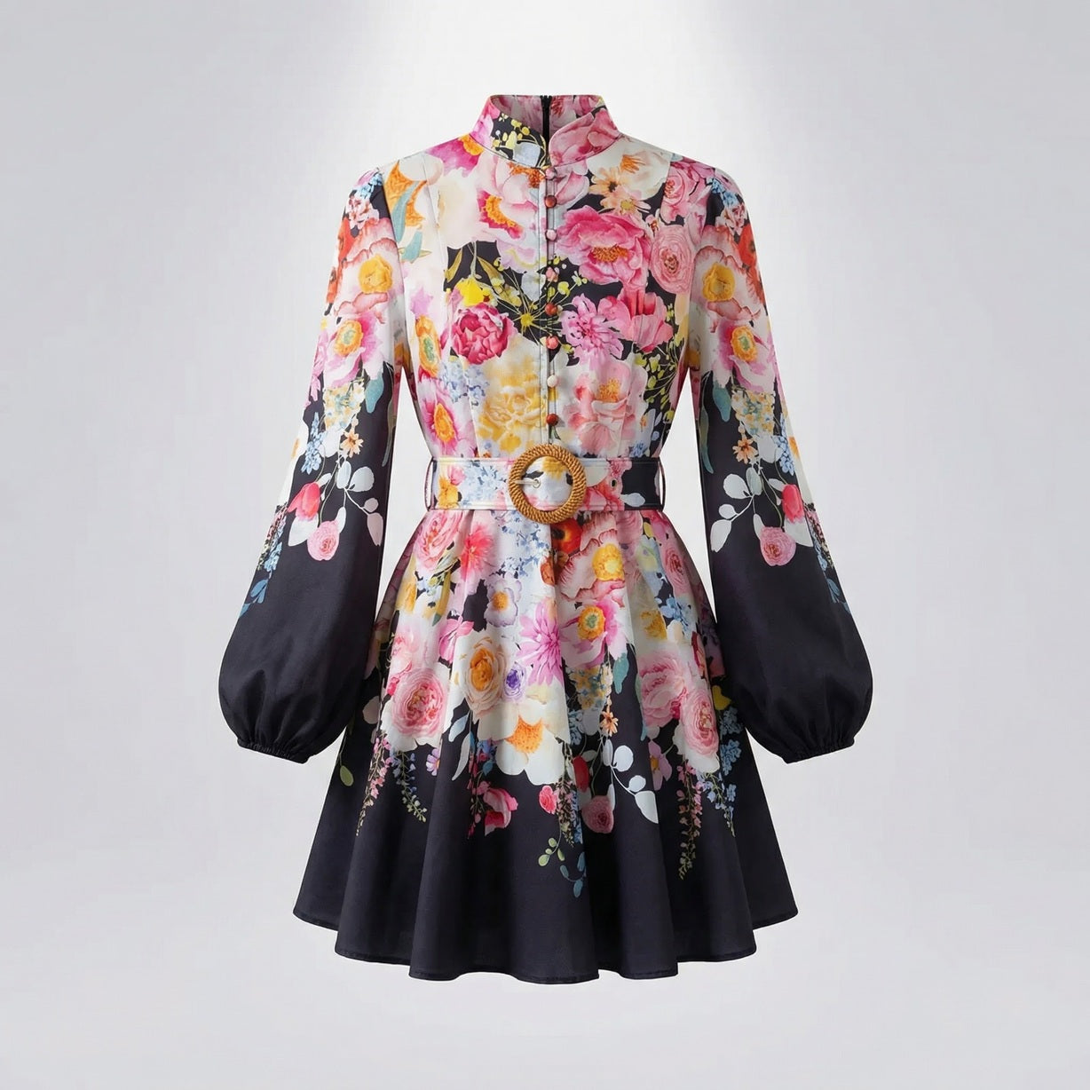 Naseri mini dress in white and black floral print featuring voluminous lantern sleeves and a straw-style waist belt.