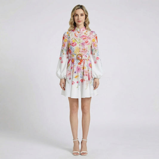 Naseri mini dress in white and black floral print featuring voluminous lantern sleeves and a straw-style waist belt.