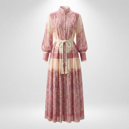 Front view of Olivera pink paisley print maxi dress with white rope tassel belt and lantern sleeves.