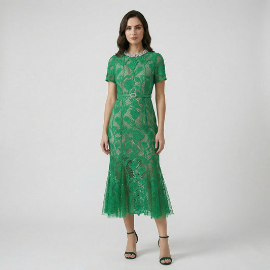 Front and back view of Paola emerald green floral lace midi dress with mermaid hem and jeweled neckline.