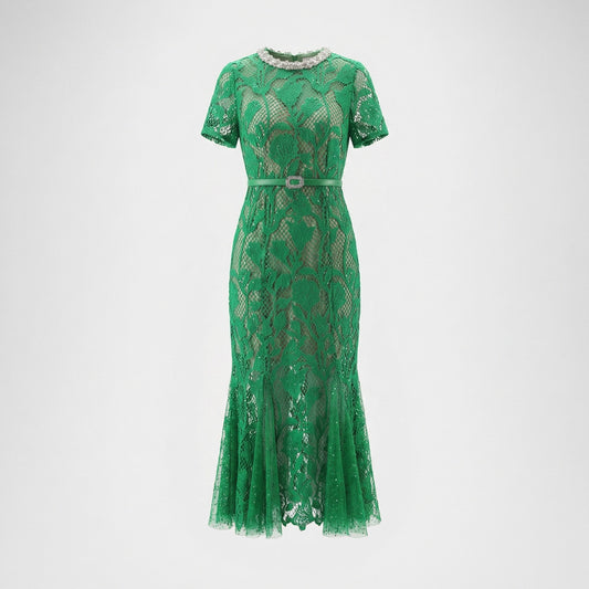 Front and back view of Paola emerald green floral lace midi dress with mermaid hem and jeweled neckline.