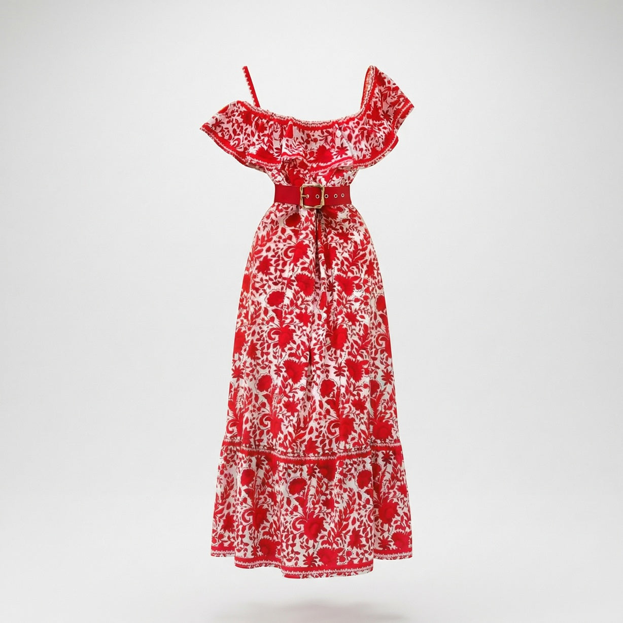 Front view of the Penelope dress, a red and white floral midi-maxi with a ruffled neckline and red belt