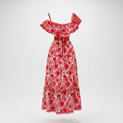 Front view of the Penelope dress, a red and white floral midi-maxi with a ruffled neckline and red belt