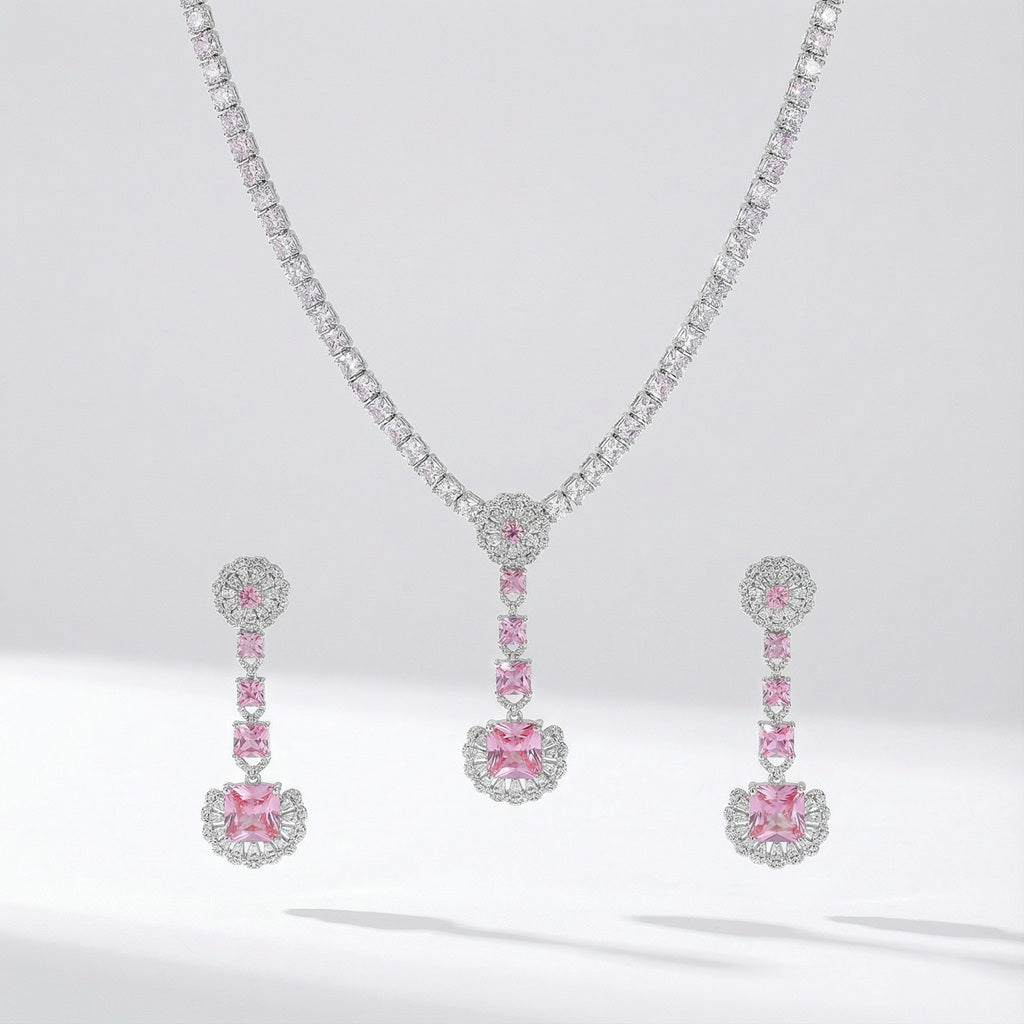 Pink flower drop cubic zirconia necklace and earrings set in silver color metal