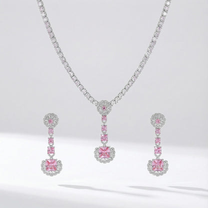 Pink flower drop cubic zirconia necklace and earrings set in silver color metal