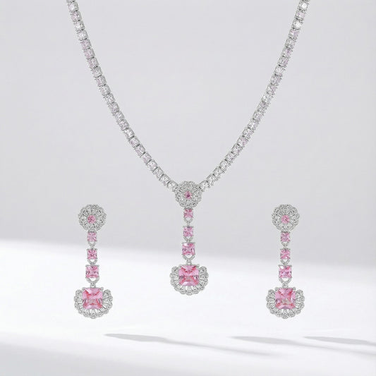 Pink flower drop cubic zirconia necklace and earrings set in silver color metal