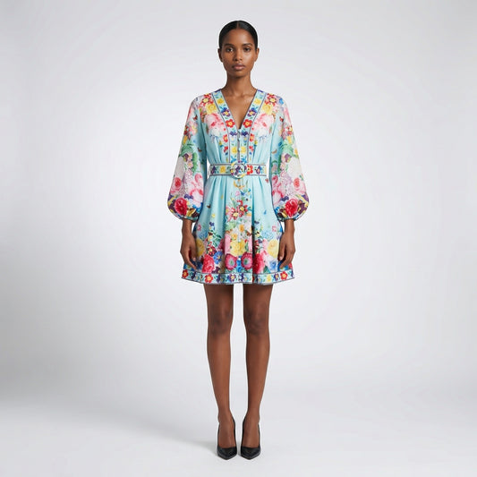 The Rebecca mini dress shown in blue and white featuring a long-sleeved ribbed knit bodice and a dramatic side-pleated accordion skirt with a matching waist belt.