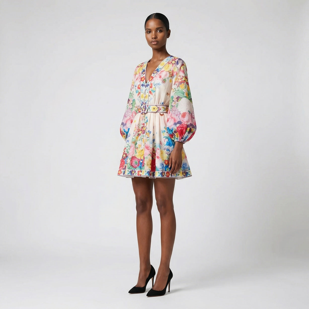 The Rebecca mini dress shown in blue and white featuring a long-sleeved ribbed knit bodice and a dramatic side-pleated accordion skirt with a matching waist belt.