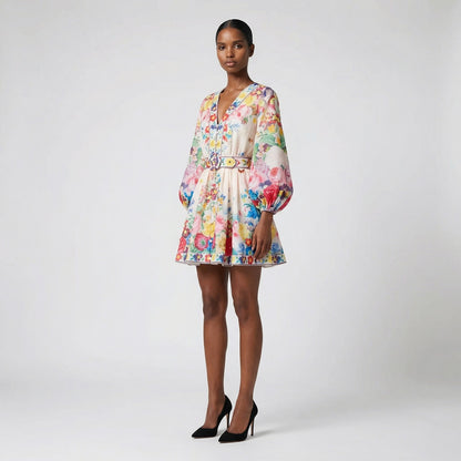 The Rebecca mini dress shown in blue and white featuring a long-sleeved ribbed knit bodice and a dramatic side-pleated accordion skirt with a matching waist belt.