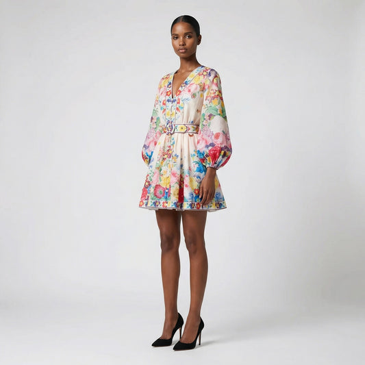 The Rebecca mini dress shown in blue and white featuring a long-sleeved ribbed knit bodice and a dramatic side-pleated accordion skirt with a matching waist belt.