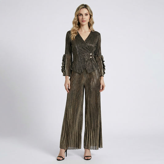 Rita 2-piece elegant pleated set in metallic champagne gold featuring ruffled bell sleeves and wide-leg trousers.