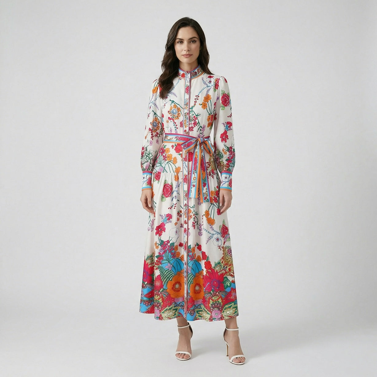Front and back view of the Roseline long-sleeve floral maxi dress in white with colorful botanical patterns