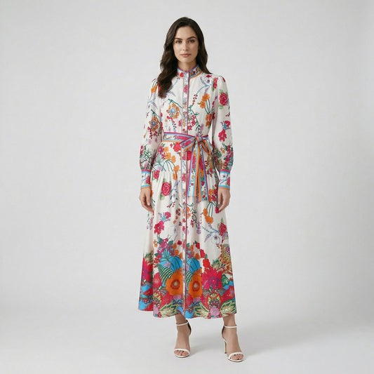 Front and back view of the Roseline long-sleeve floral maxi dress in white with colorful botanical patterns