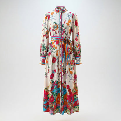 Front and back view of the Roseline long-sleeve floral maxi dress in white with colorful botanical patterns