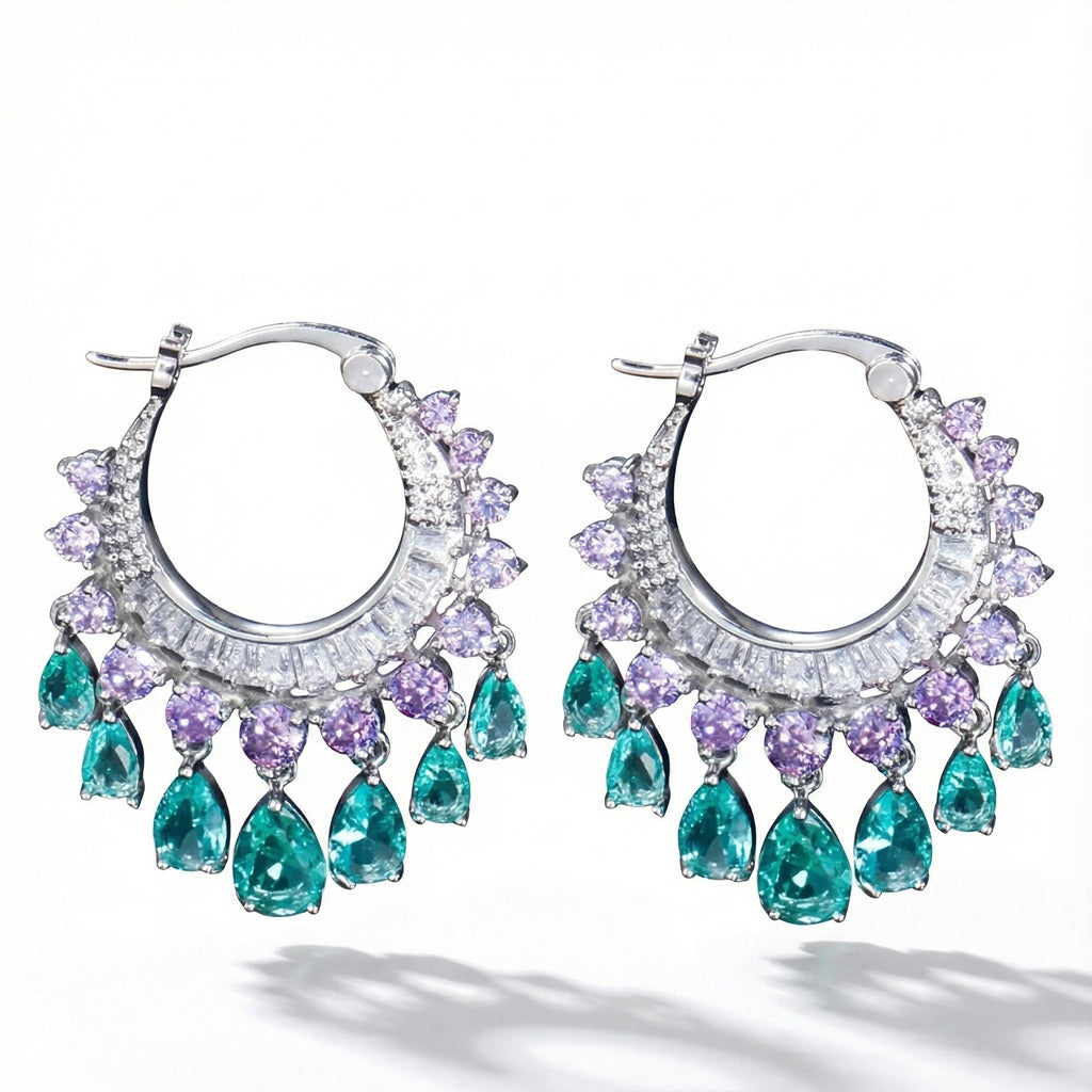 Round rhinestone earrings with white, purple and turquoise cubic zirconia in silver color metal