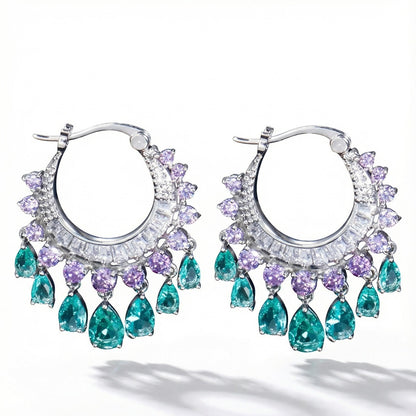 Round rhinestone earrings with white, purple and turquoise cubic zirconia in silver color metal