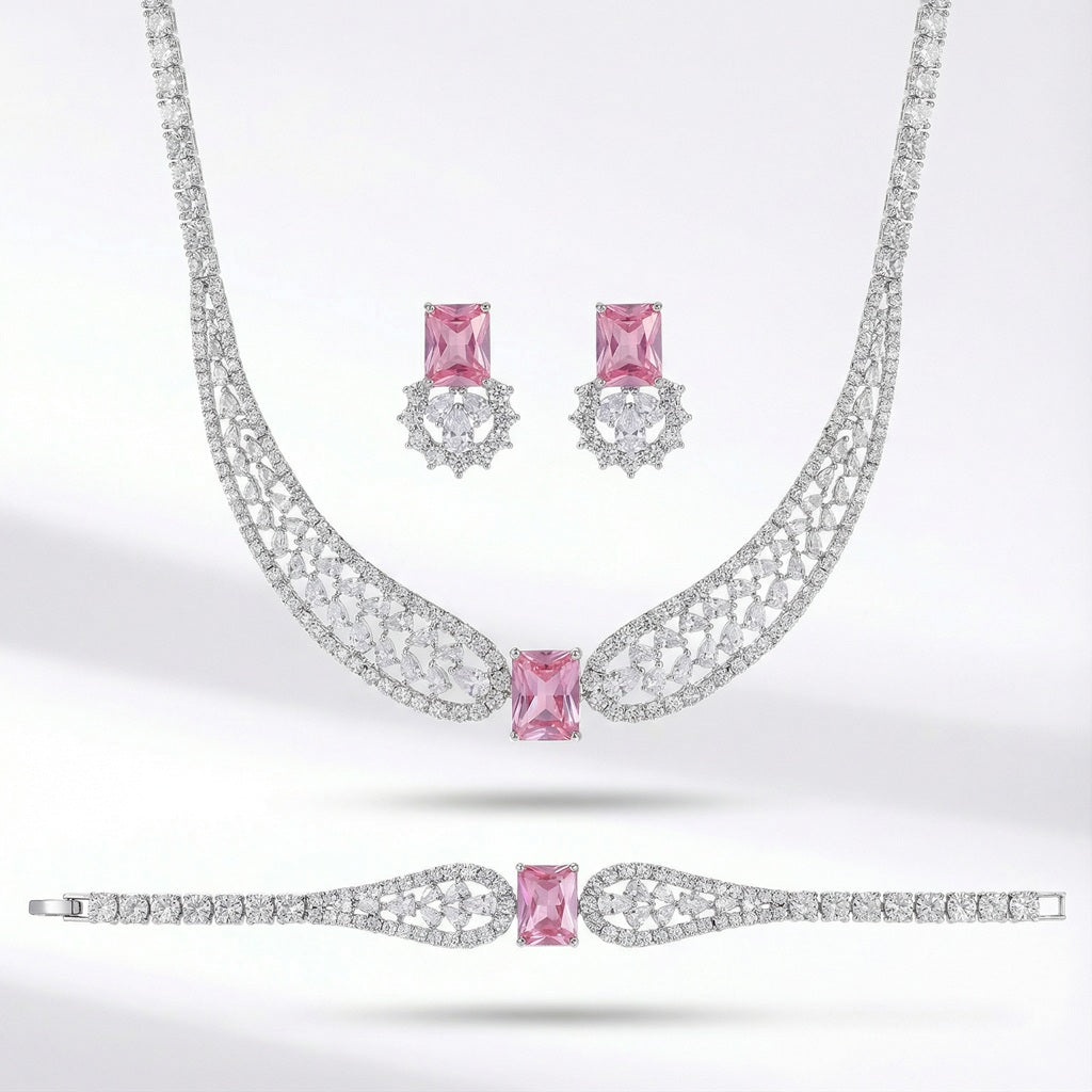pink cubic zirconia choker necklace, earrings and bracelet set in silver color metal