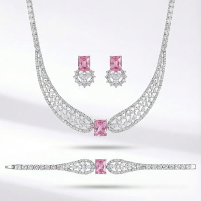pink cubic zirconia choker necklace, earrings and bracelet set in silver color metal