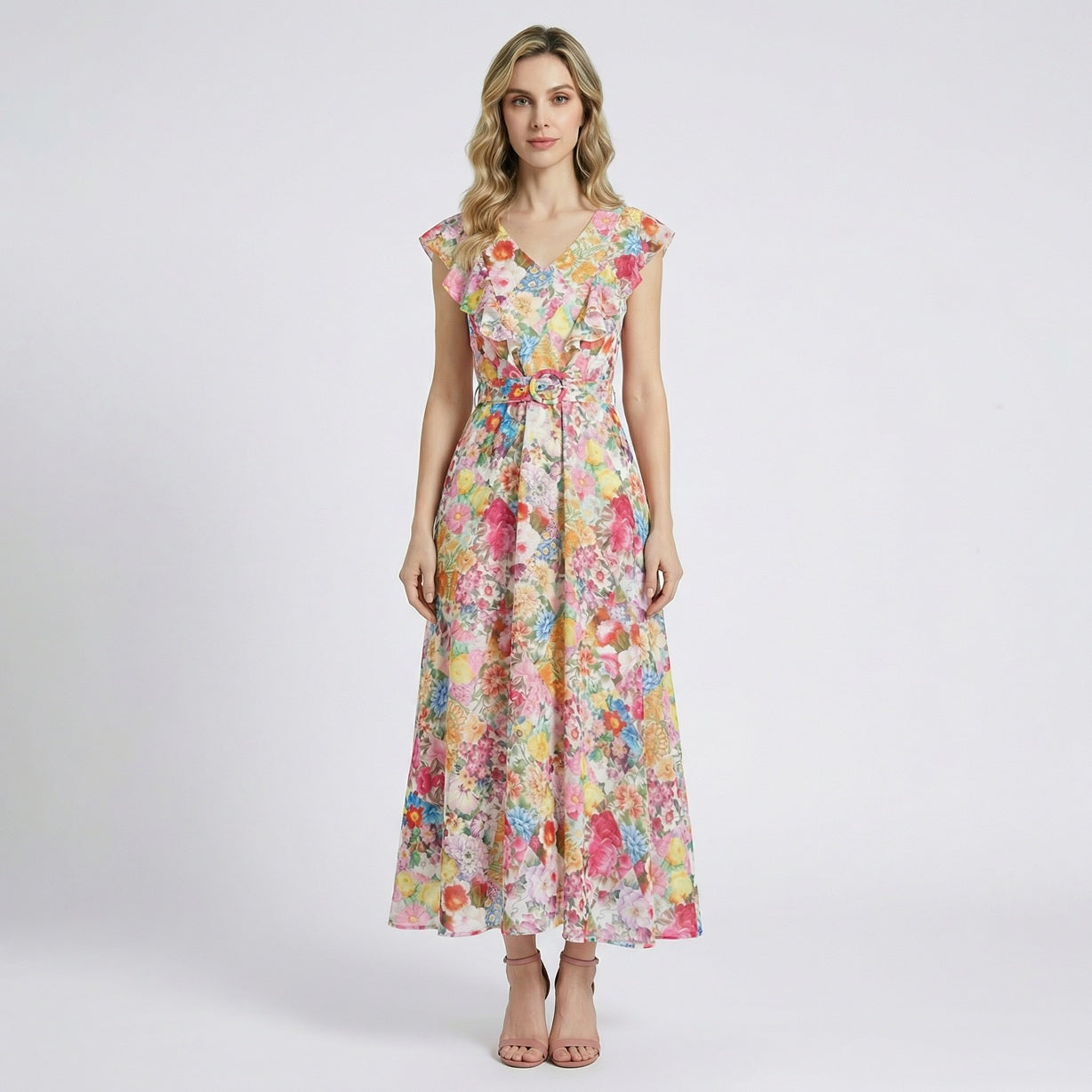 Full length view of the Seraphina multi-colored floral maxi dress with ruffles and a matching waist belt.