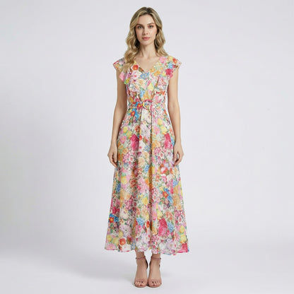 Full length view of the Seraphina multi-colored floral maxi dress with ruffles and a matching waist belt.