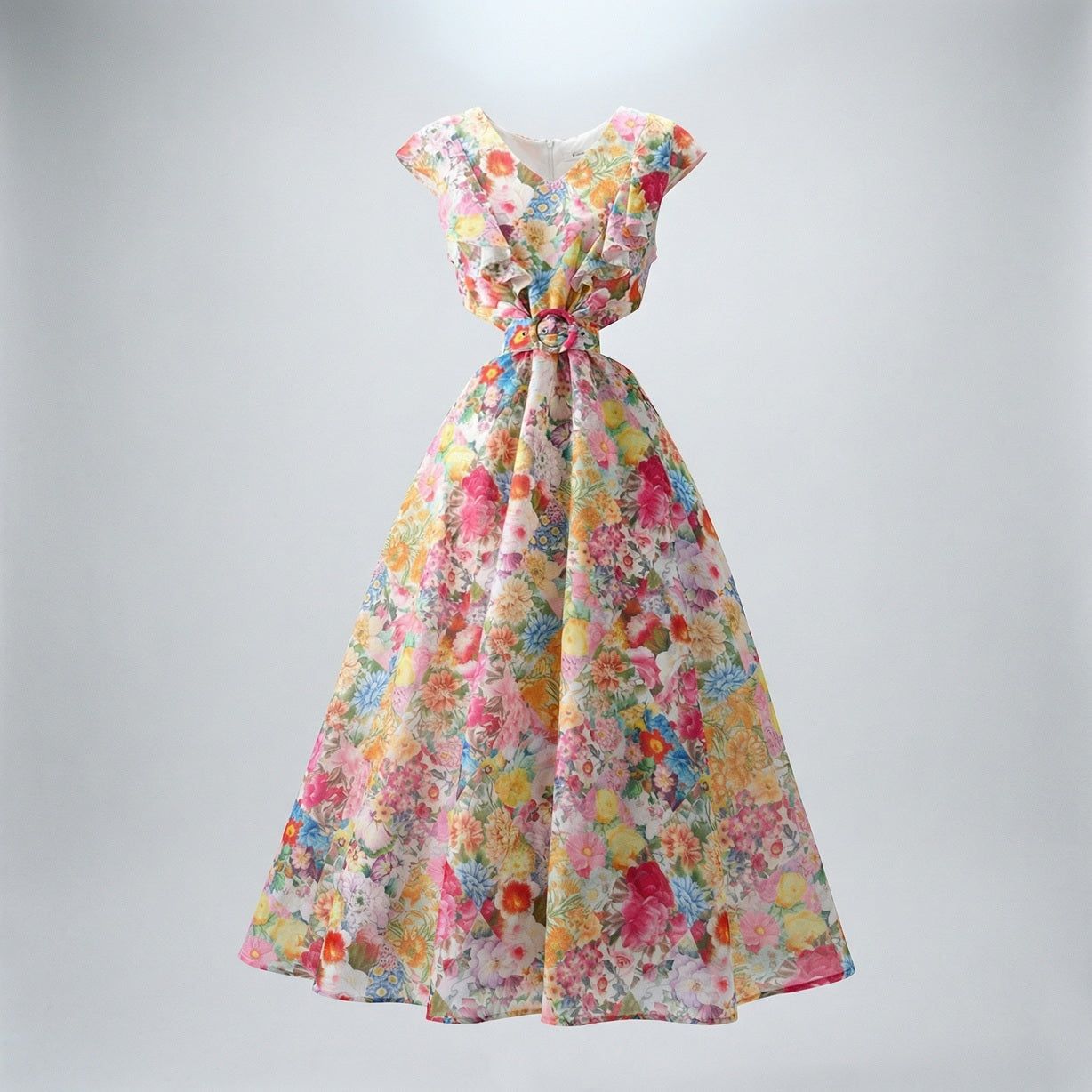 Full length view of the Seraphina multi-colored floral maxi dress with ruffles and a matching waist belt.