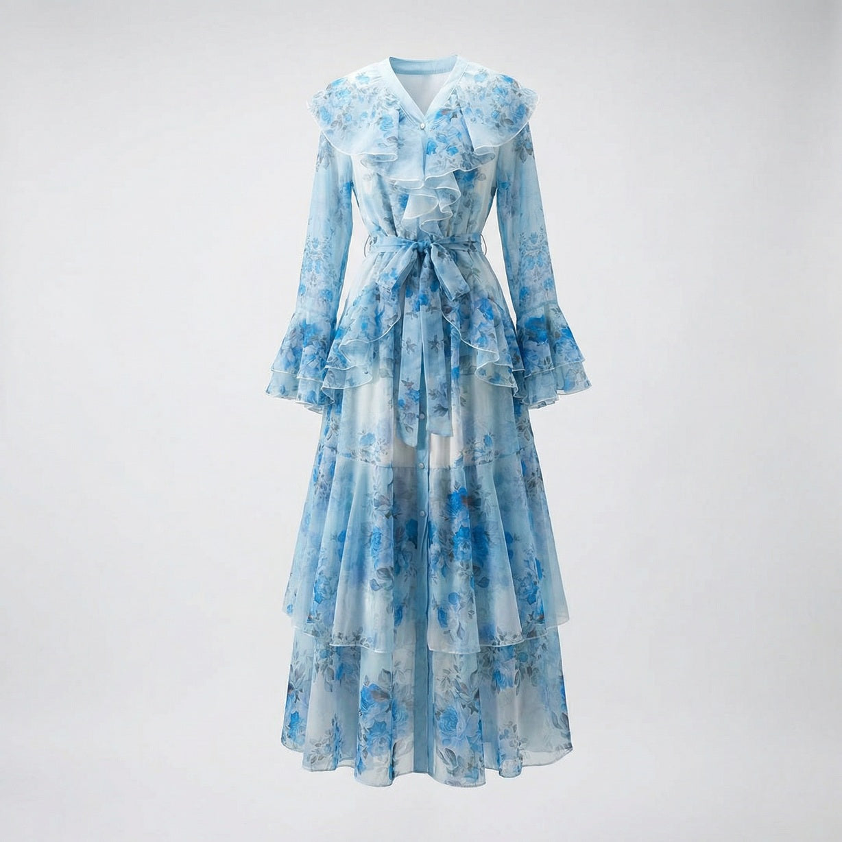 Sofia floral print maxi dress with tiered ruffle skirt and flared sleeves in blue, pink, and burgundy floral patterns.