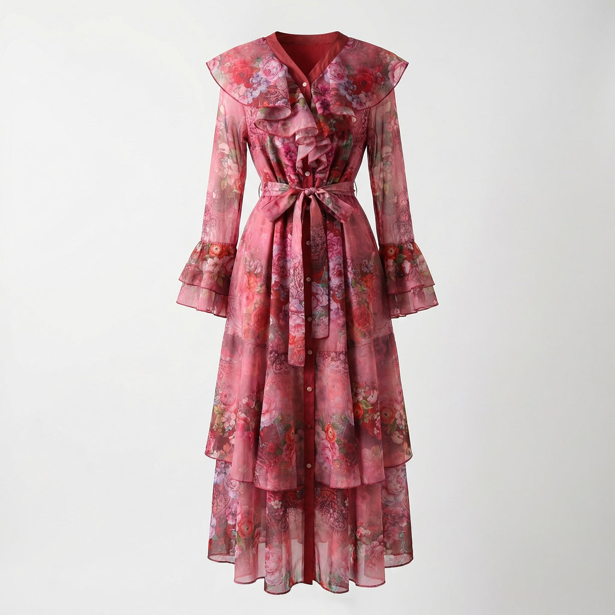 Sofia floral print maxi dress with tiered ruffle skirt and flared sleeves in blue, pink, and burgundy floral patterns.