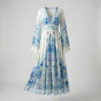 Sonya maxi dress in blue and pink floral print featuring long bell sleeves with white lace trim and button-down front.