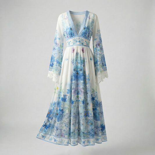 Sonya maxi dress in blue and pink floral print featuring long bell sleeves with white lace trim and button-down front.