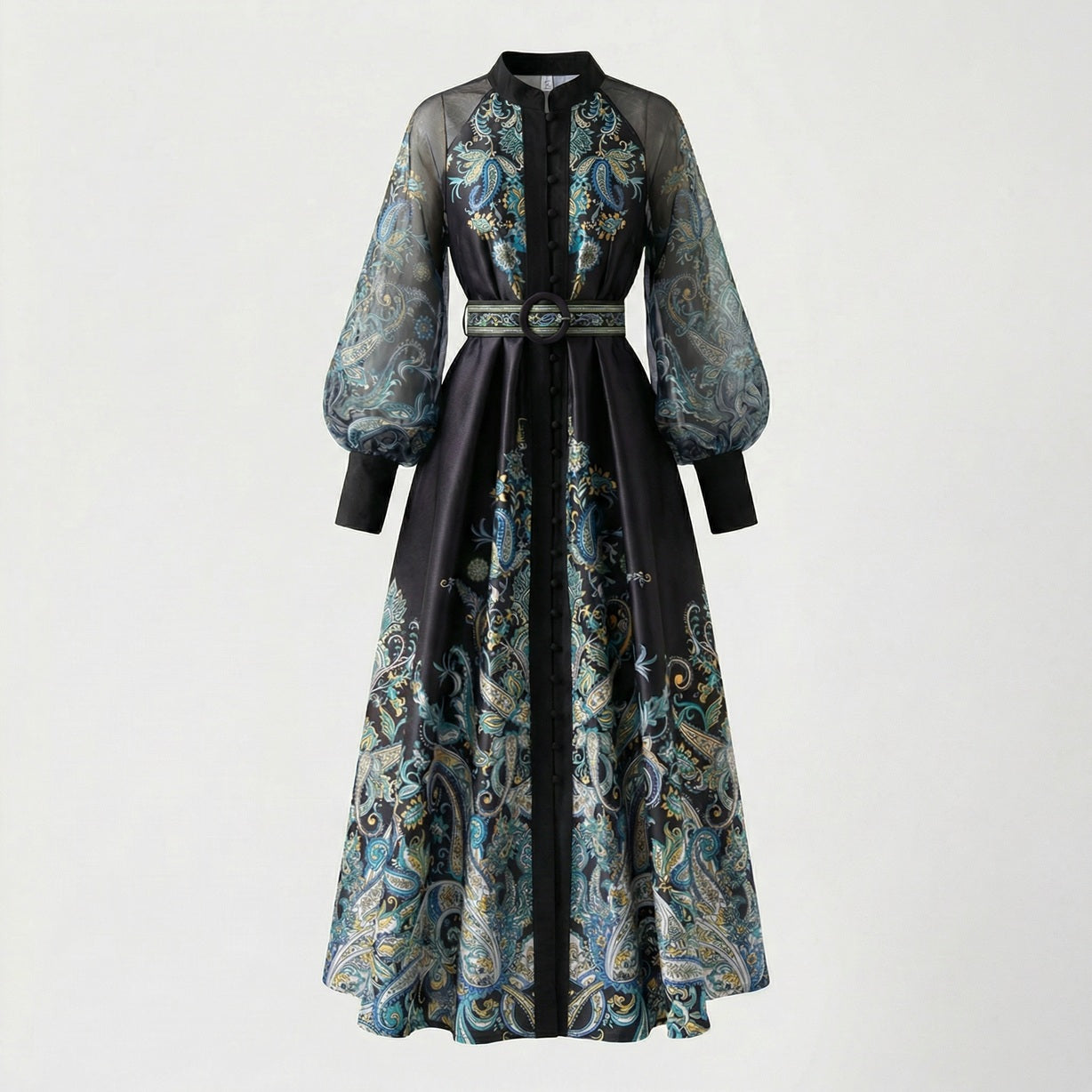 Tania elegant maxi dress with sheer lantern sleeves and gold paisley print