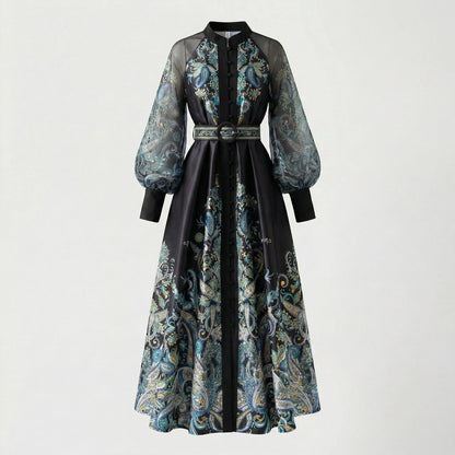 Tania elegant maxi dress with sheer lantern sleeves and gold paisley print
