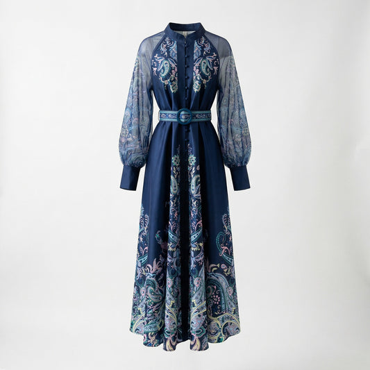 Tania elegant maxi dress with sheer lantern sleeves and gold paisley print