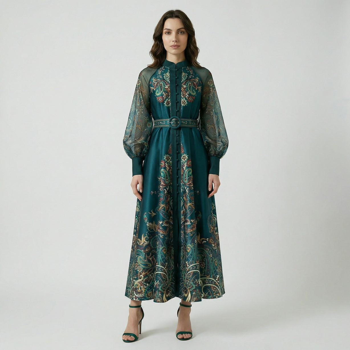 Tania elegant maxi dress with sheer lantern sleeves and gold paisley print
