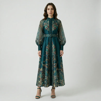 Tania elegant maxi dress with sheer lantern sleeves and gold paisley print