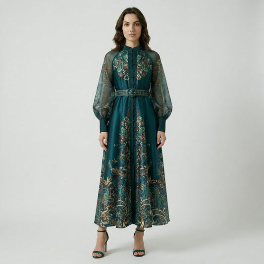 Tania elegant maxi dress with sheer lantern sleeves and gold paisley print