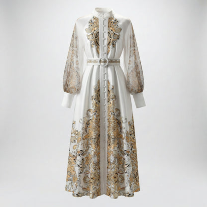 Tania elegant maxi dress with sheer lantern sleeves and gold paisley print