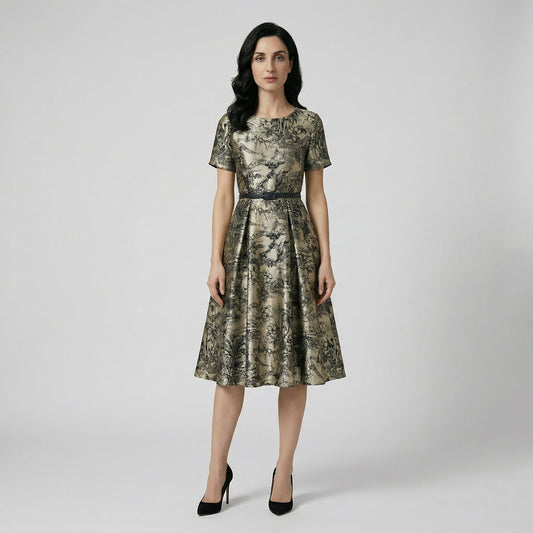 The Telma midi dress displayed on a hanger, featuring a grey and black landscape print, a 115cm length, and a black waist belt.