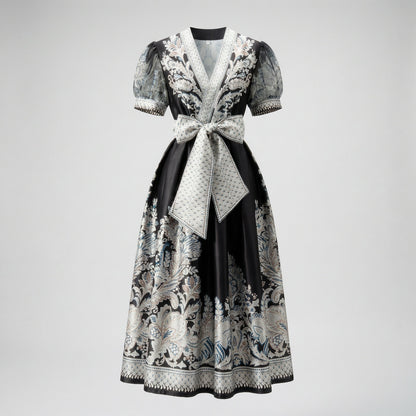 Two Teodora maxi dresses in black and white featuring paisley prints, puff sleeves, and large bow belts.