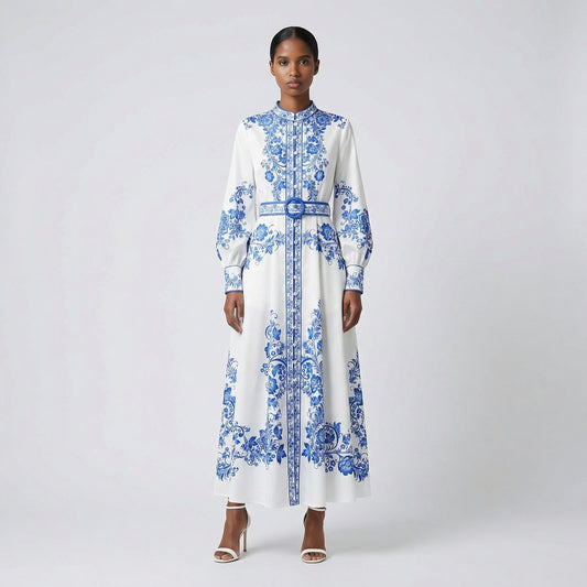 Front view of the Teresa maxi dress in white with blue porcelain floral print, featuring long lantern sleeves and a matching blue belt