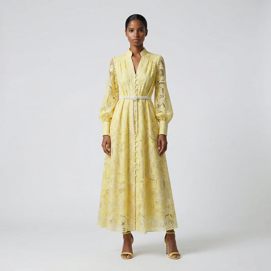 Uzma 130cm lace embroidered maxi dress with lantern sleeves and pearl belt, available in yellow, light blue, and white.
