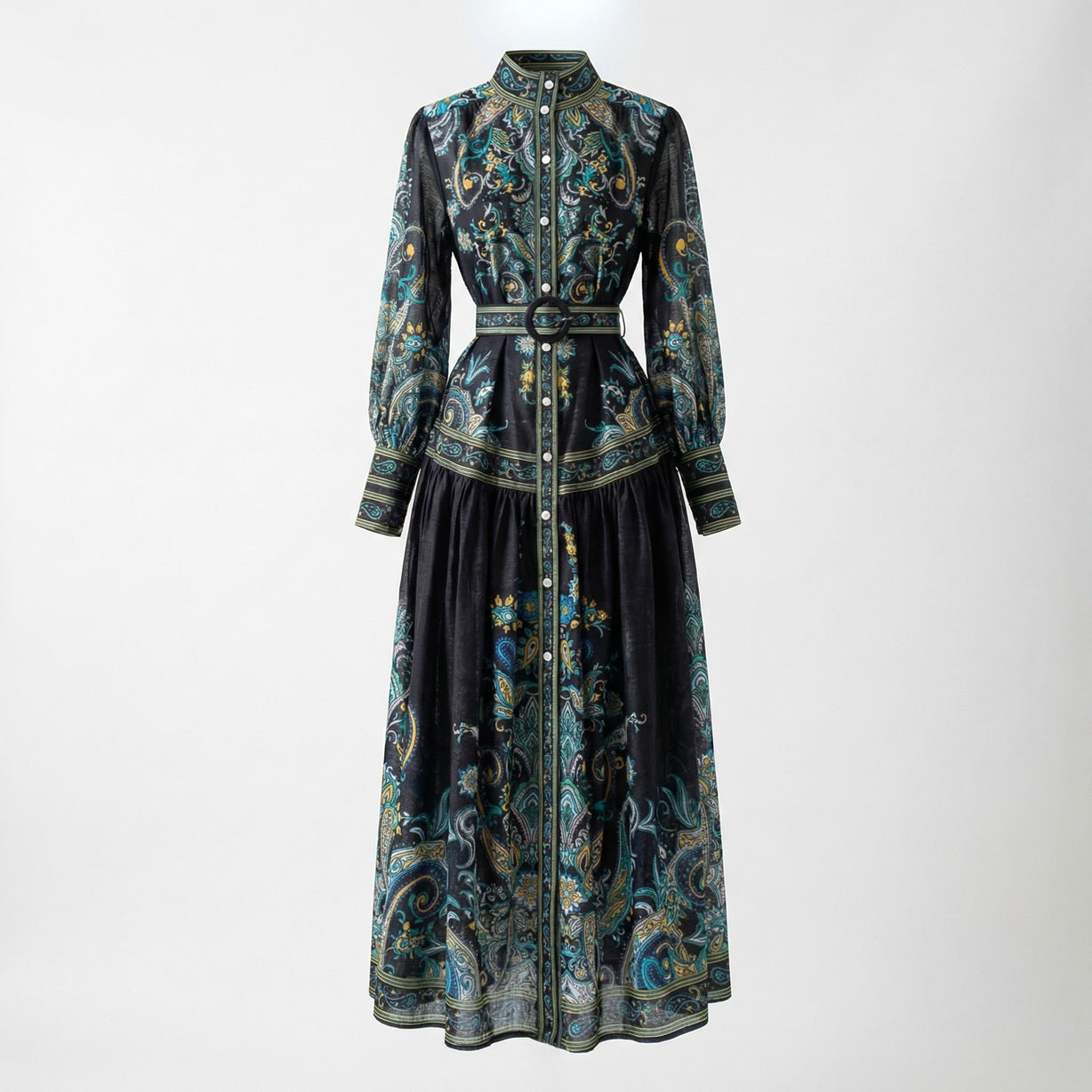 Valeria maxi dress in vintage paisley print featuring a high neck, belted waist, and lantern sleeves in Navy, Green, and Black.