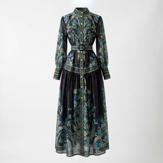 Valeria maxi dress in vintage paisley print featuring a high neck, belted waist, and lantern sleeves in Navy, Green, and Black.