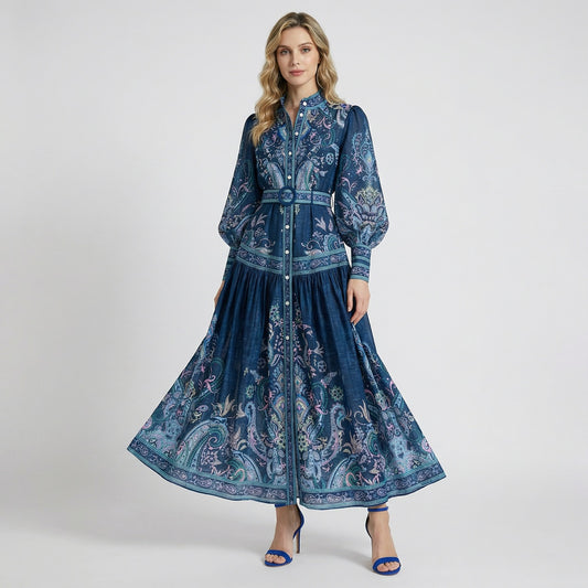 Valeria maxi dress in vintage paisley print featuring a high neck, belted waist, and lantern sleeves in Navy, Green, and Black.