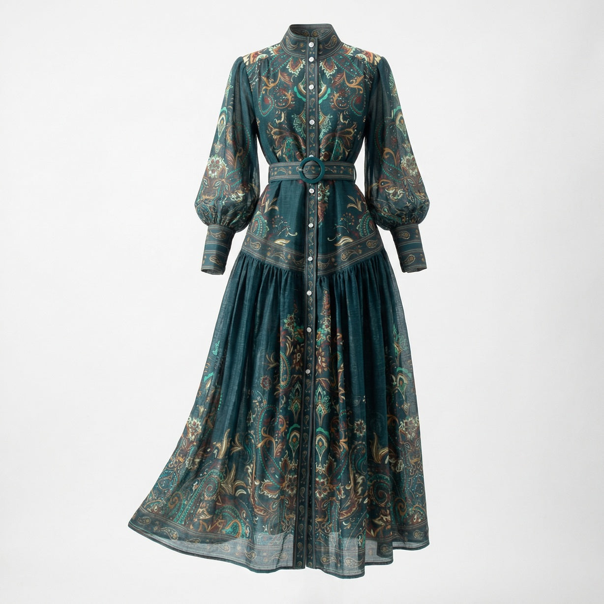 Valeria maxi dress in vintage paisley print featuring a high neck, belted waist, and lantern sleeves in Navy, Green, and Black.